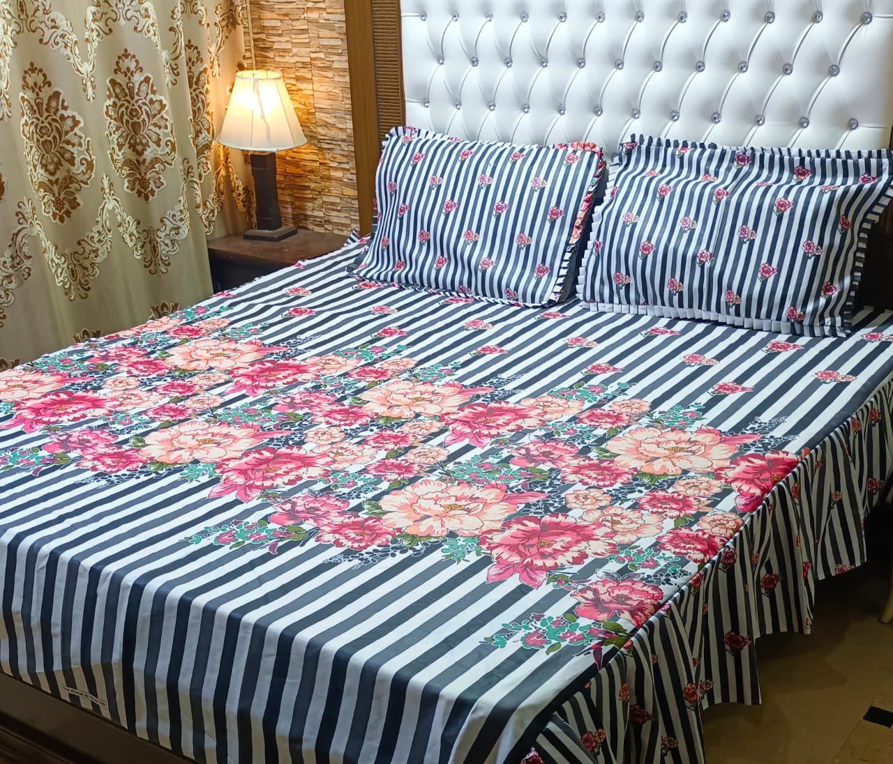 3 pc stitched 2 sided frill bedsheets. FABRIC High cotton sylonica